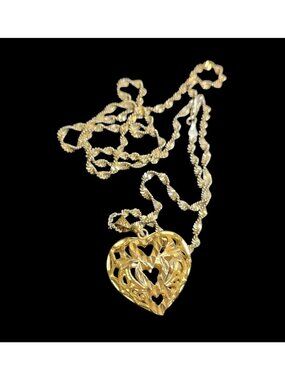 Vintage Gold Tone Puffy Heart Pendant Necklace Cutout Design & Twisted Chain